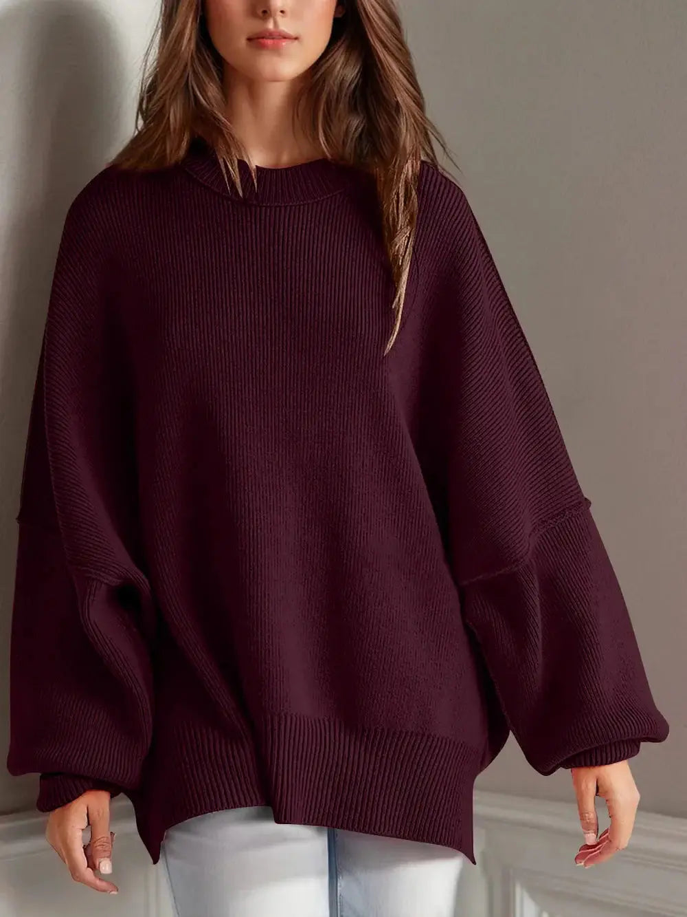 Double Take Side Slit Round Neck Long Sleeve Sweater - Love Salve