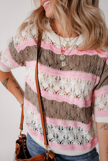 Elegant brown striped crochet color block half sleeve sweater