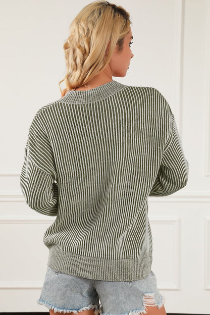 Striped Mock Neck Dropped Shoulder Sweater.