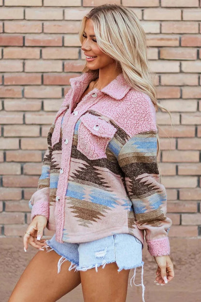 Stylish long sleeve jacket in pink and multicolor pattern, 100% polyester, buttoned front.