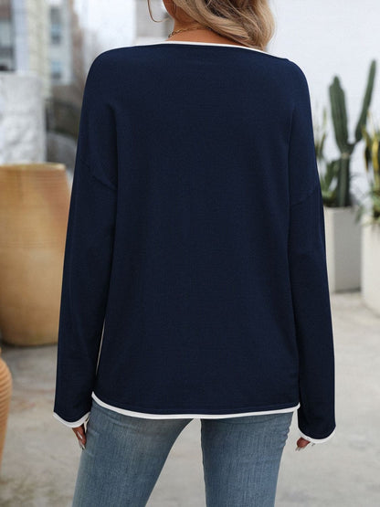 Contrast Trim Round Neck Long Sleeve Sweater.