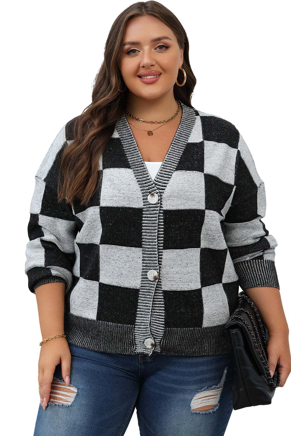 Chic black plaid cardigan, V-neck