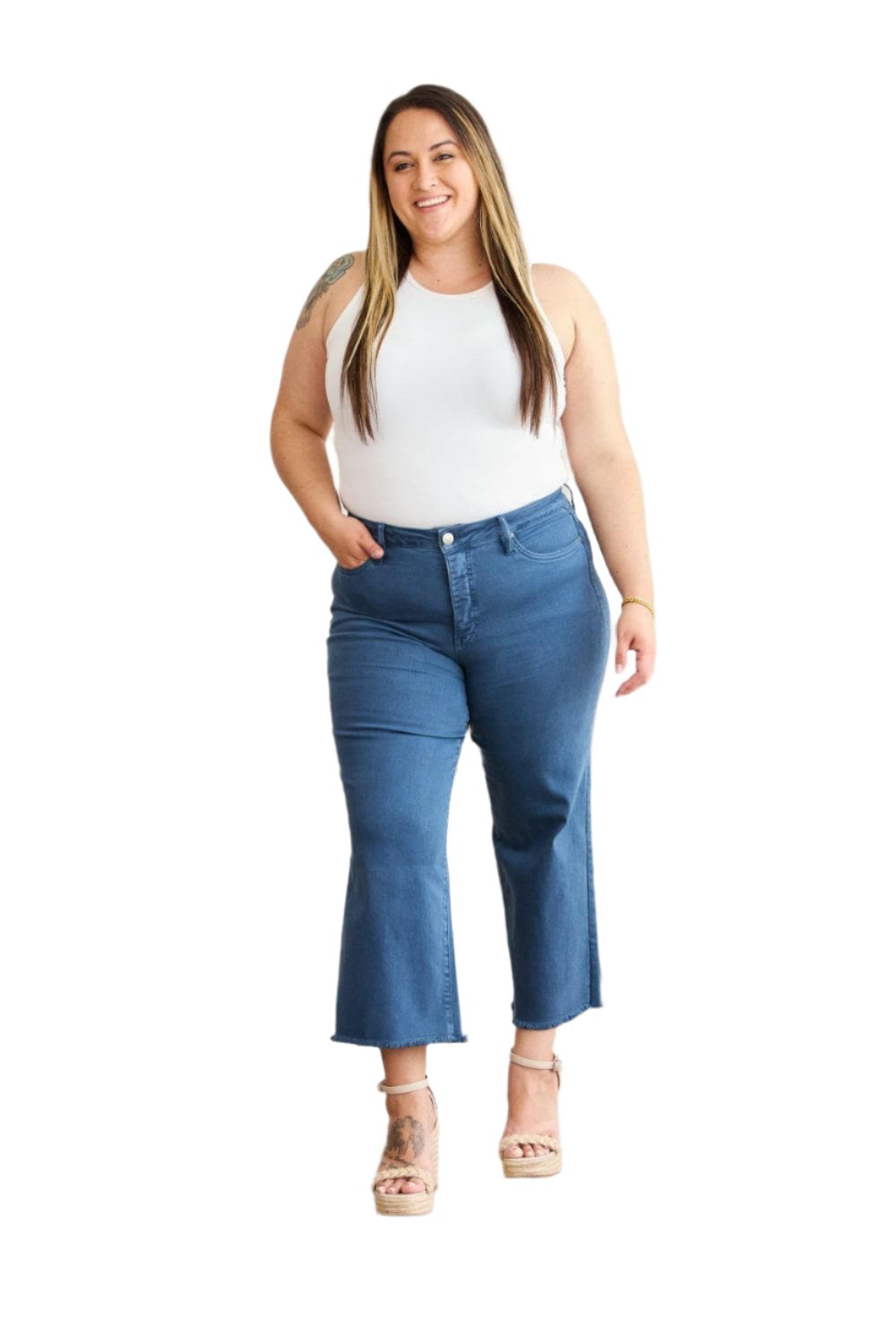 RFM Full Size Tummy Control High Waist Raw Hem Jeans.