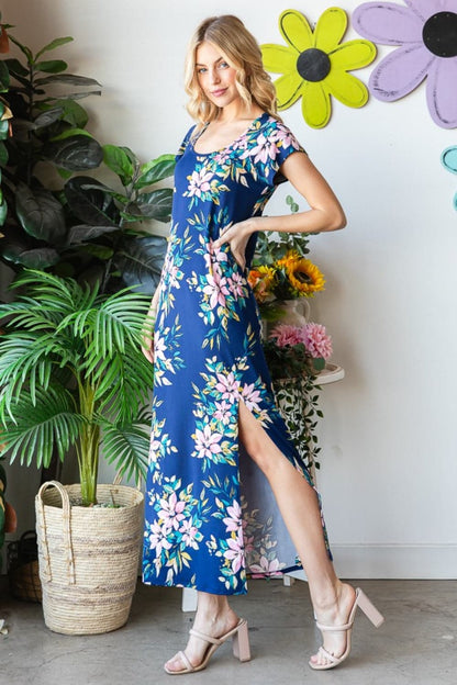 Heimish Full Size Floral Short Sleeve Slit Dress.