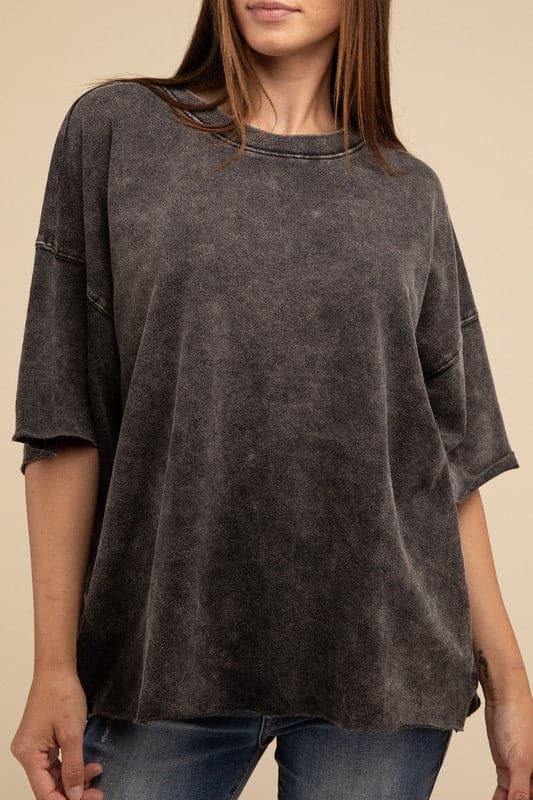 French Terry Washed Drop Shoulder Short Sleeve Top.