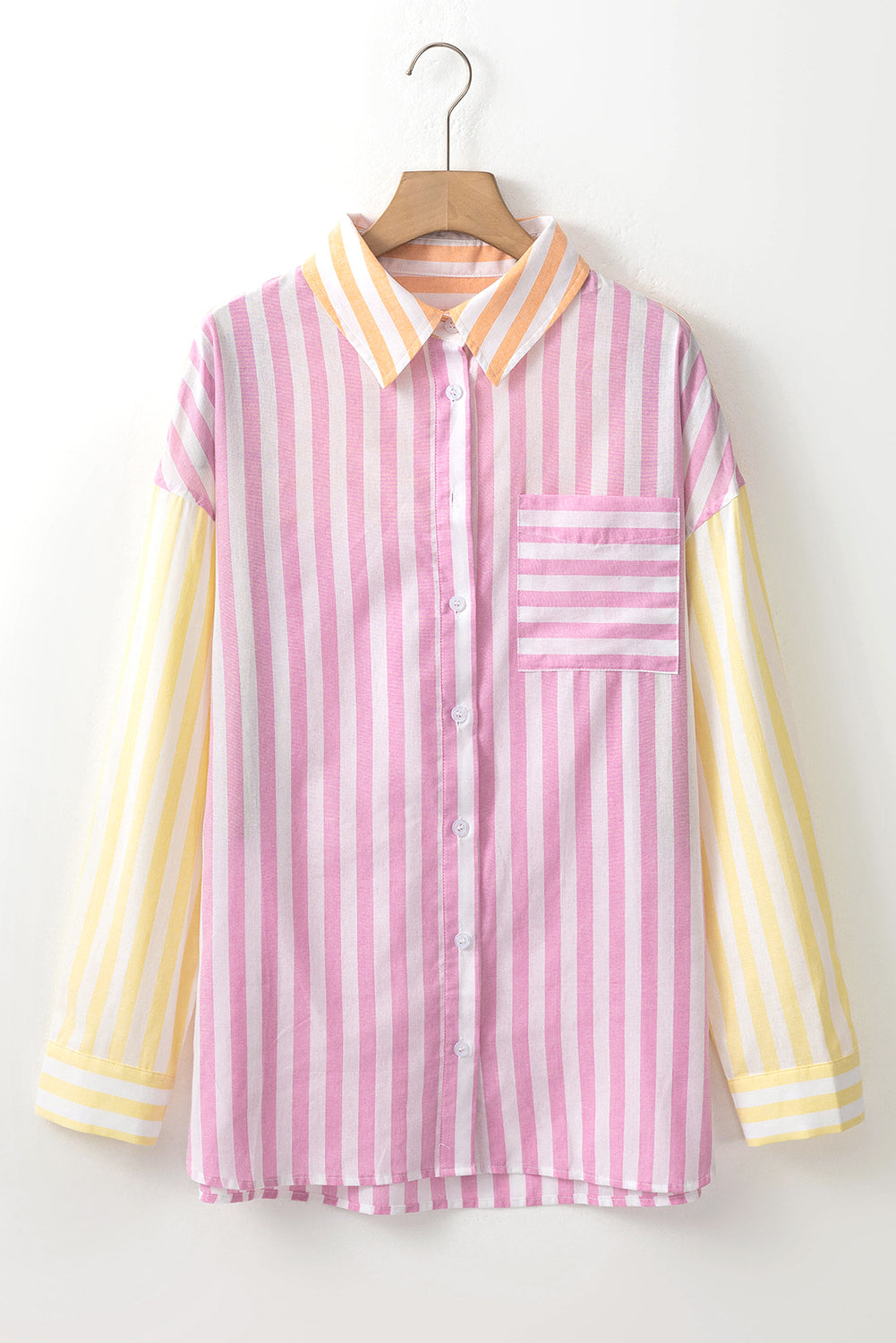 Pink striped patchwork shirt with contrast collar and long sleeves