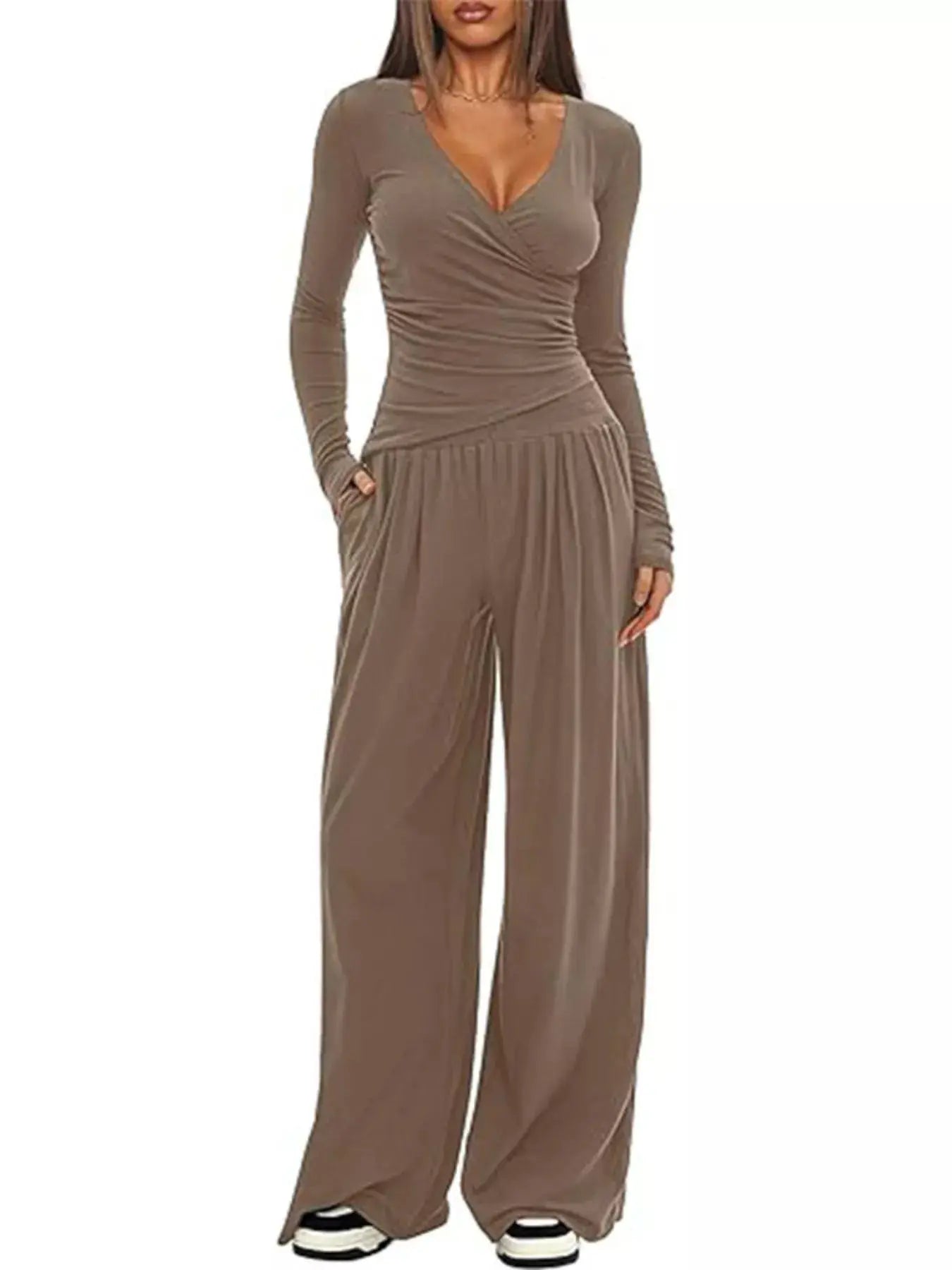 Casual Brown Long Sleeve Wrap Top And Wide Leg Pants Two-Piece Set Simply Love
