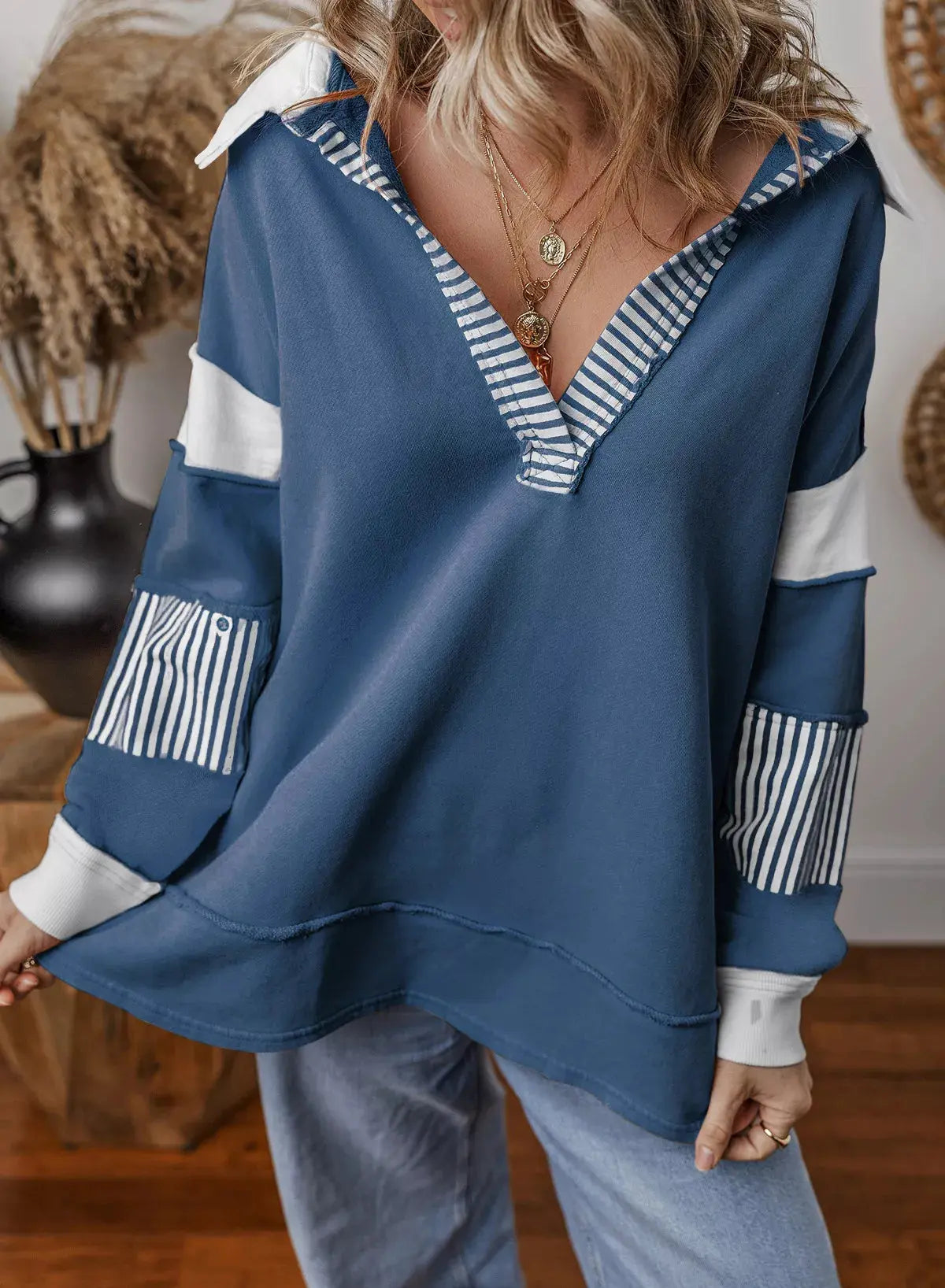 Color Block Striped Johnny Collar Sweatshirt Simply Love