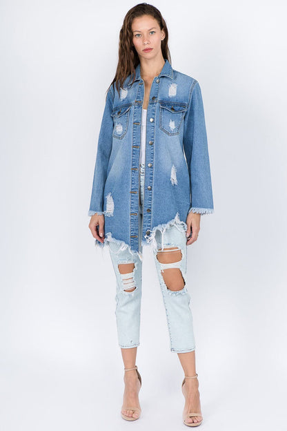 Distressed denim jacket with frayed hem for a vintage vibe