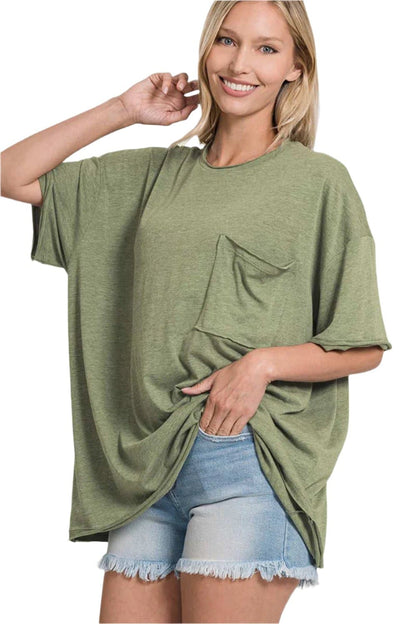 Zenana Drop Shoulder Oversized Front Pocket T-Shirt.