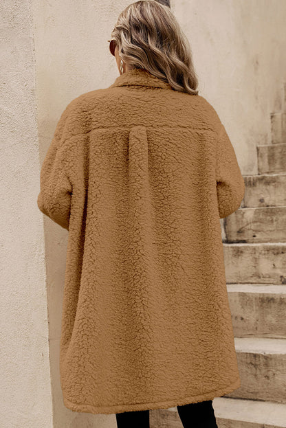 Khaki Single Breasted Teddy Coat with Contrast Flap Pockets