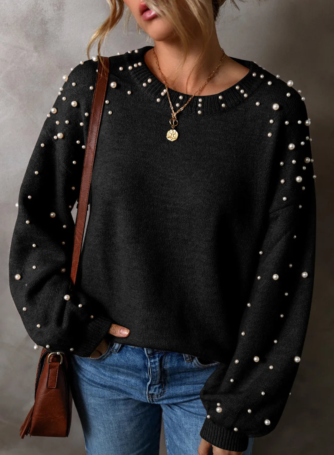 Chic pearl-embellished knit sweater