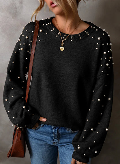 Chic pearl-embellished round neck long sleeve knit sweater