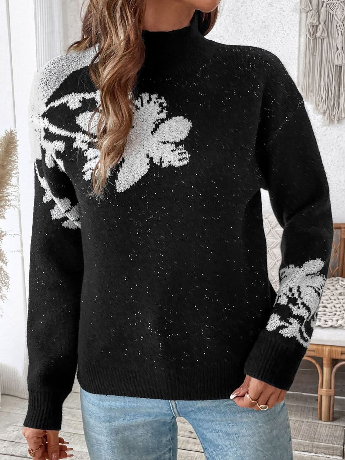 Perfee Flower Mock Neck Long Sleeve Sweater