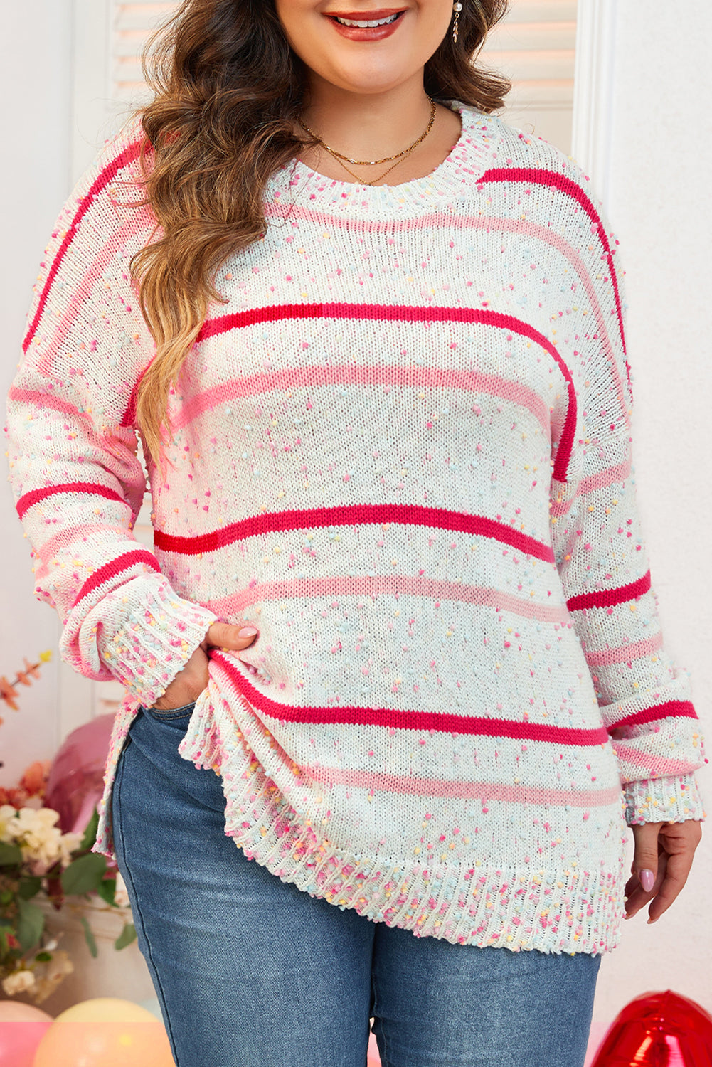 Chic pink stripe plus size drop shoulder sweater with side split