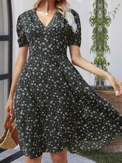 Printed V-Neck Short Sleeve Dress.