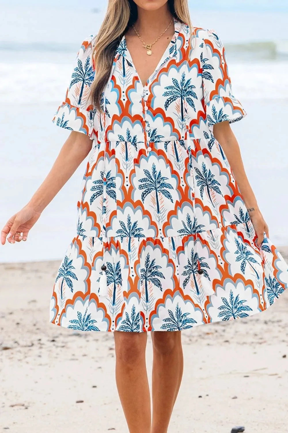 Contrast Palm Tree Printed Short Sleeve Flowy Dress Simply Love