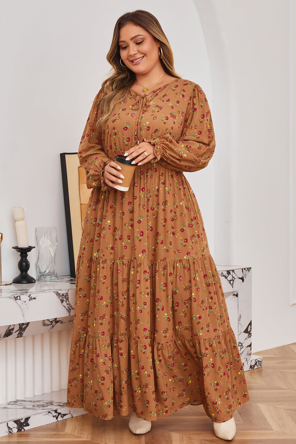 Brown Plus Size Floral Split V Neck Ruffled Sleeve Tiered Maxi Dress Dear-Lover Dropshipping