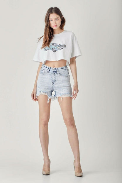 Love Salve Raw Hem Distressed High Rise Denim Shorts