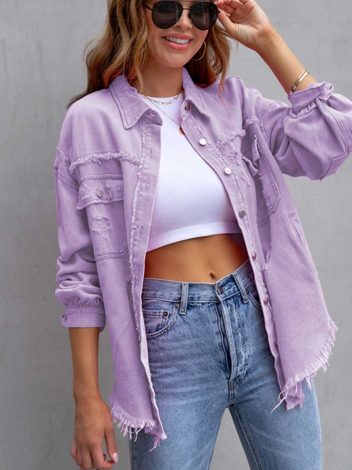 Distressed Drop Shoulder Denim Jacket Coco’s Tee Boutique