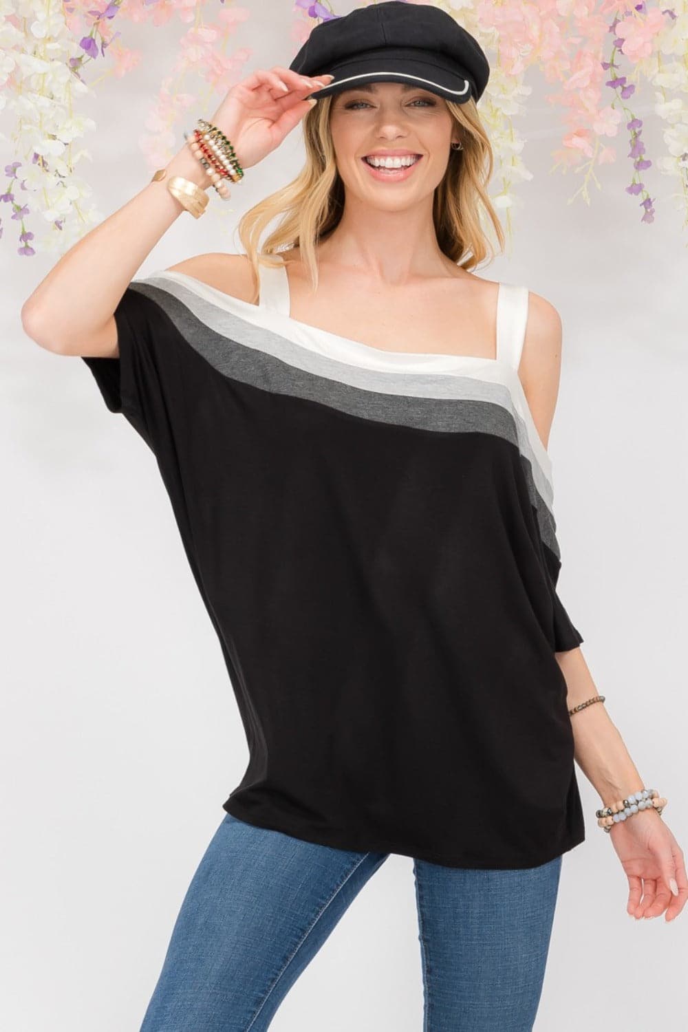 Celeste Full Size Striped Cold Shoulder Top.