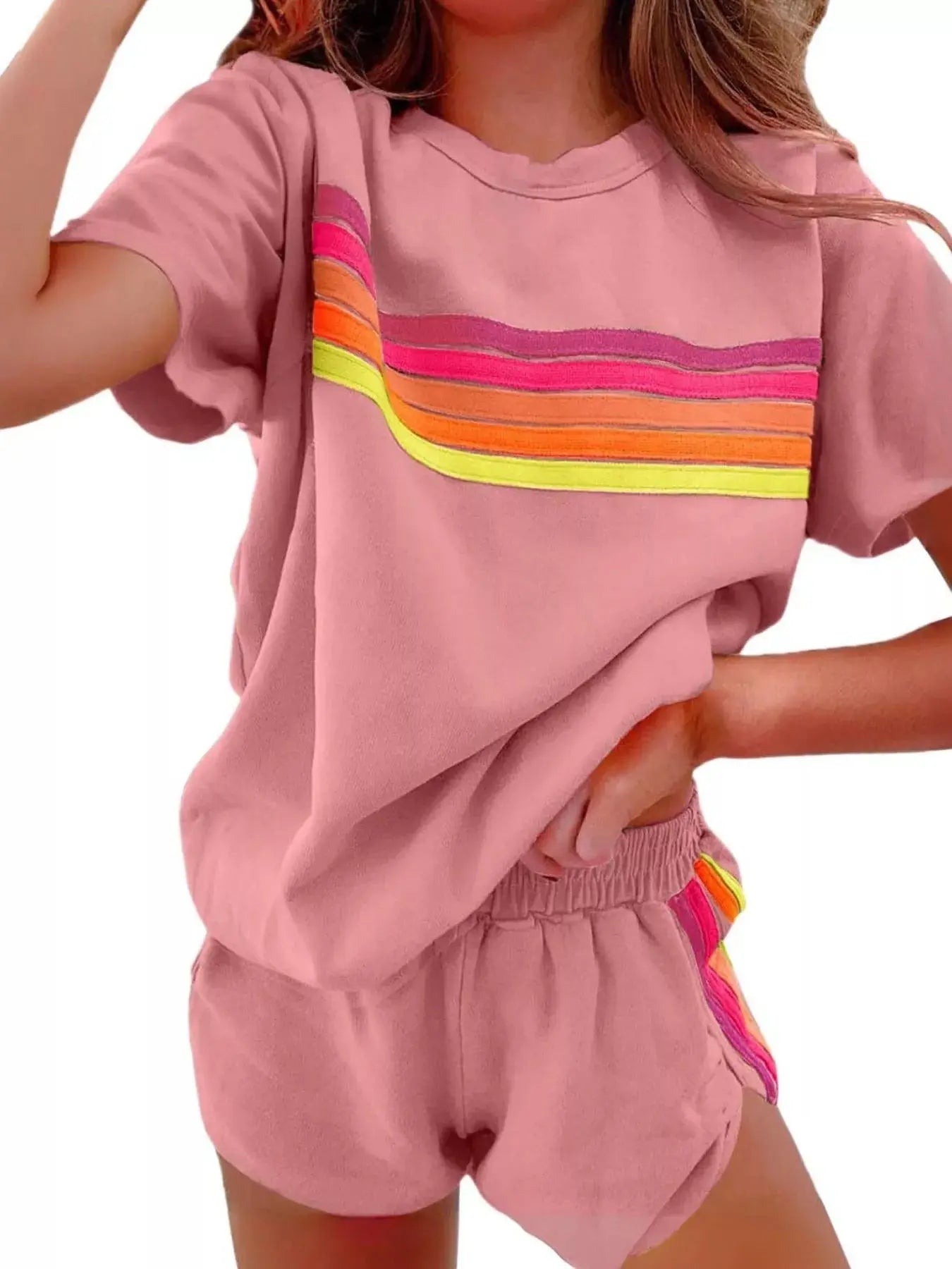 Rainbow Striped Round Neck Top and Shorts Set Simply Love
