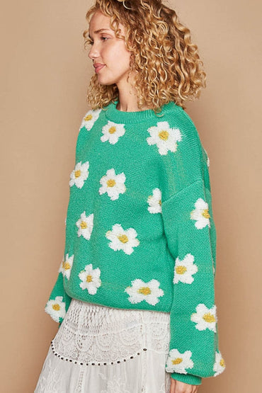 POL Daisy Pattern Drop Shoulder Sweater.