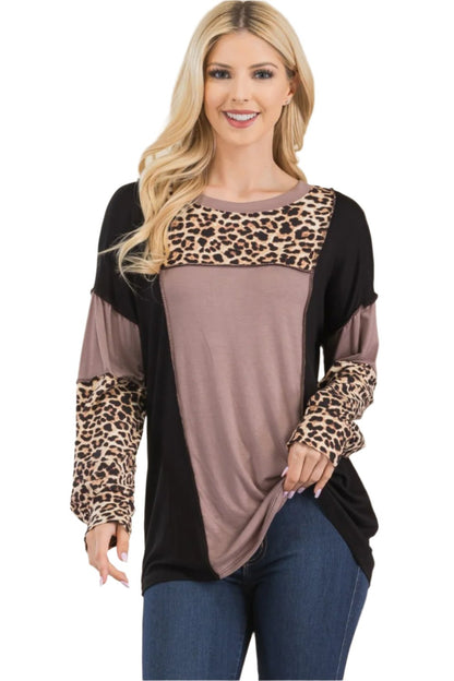 Celeste Plus Size Leopard Print Color Block T-Shirt with Exposed Seams