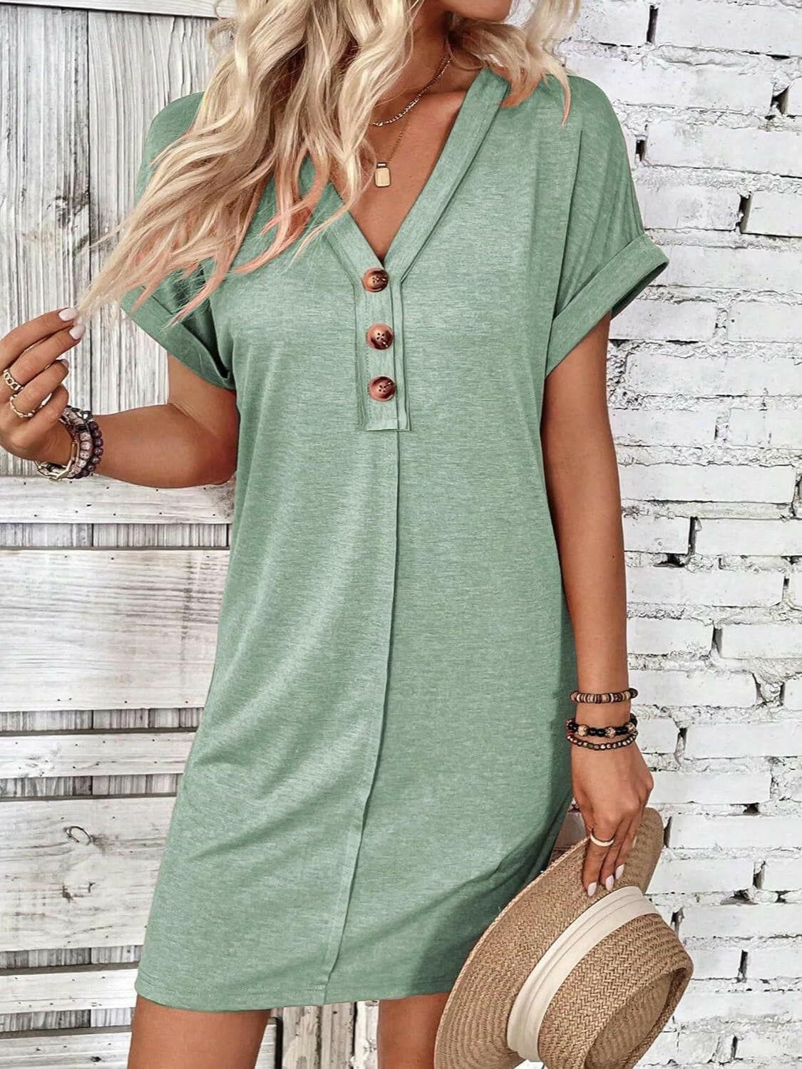 Quarter Button V-Neck Short Sleeve Dress.