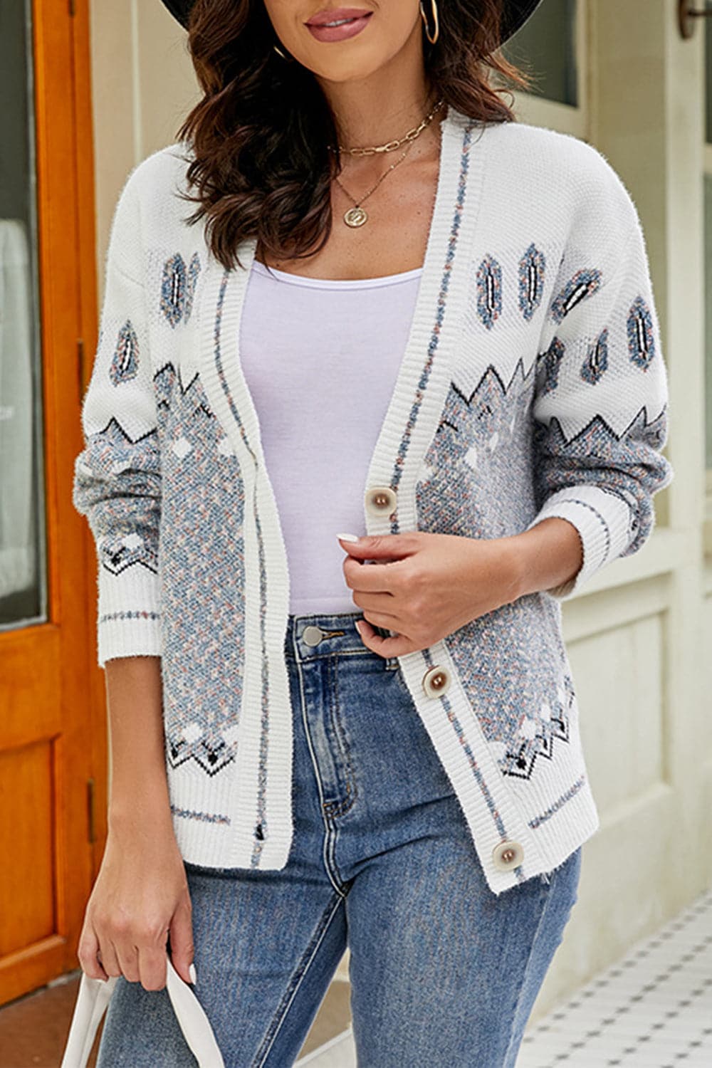 Printed V-Neck Buttoned Cardigan.