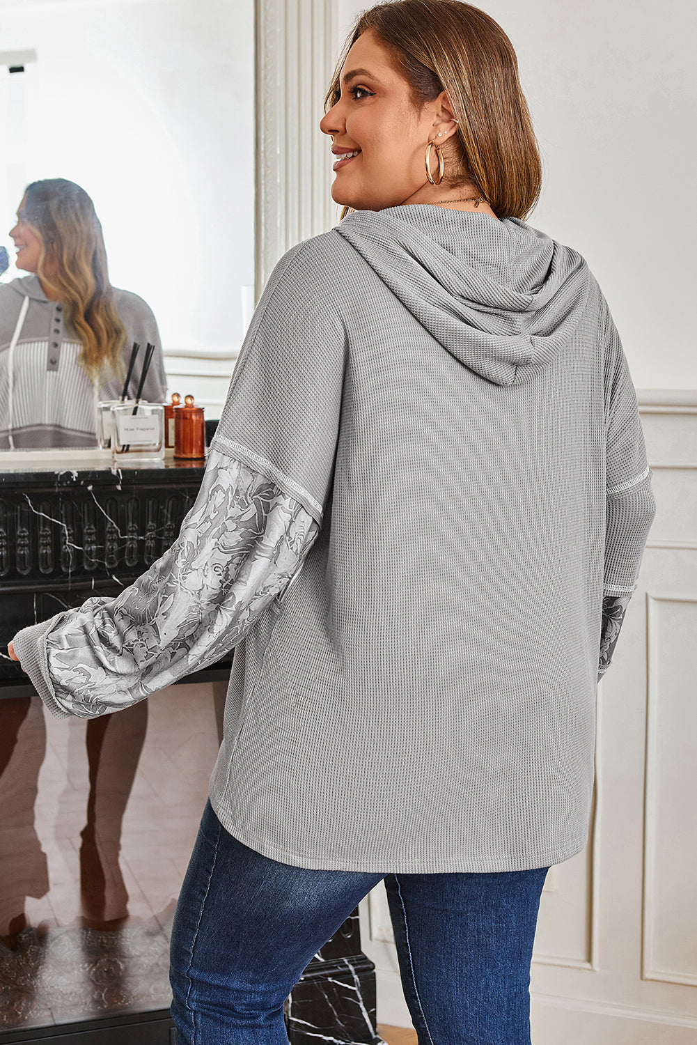 Gray Waffle Knit Patchwork Hooded Top With Half Buttons Dear-Lover Dropshipping