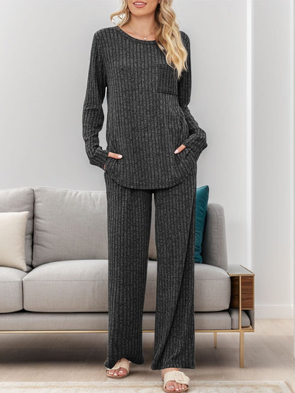 Cozy two-piece round neck top and pants ensemble