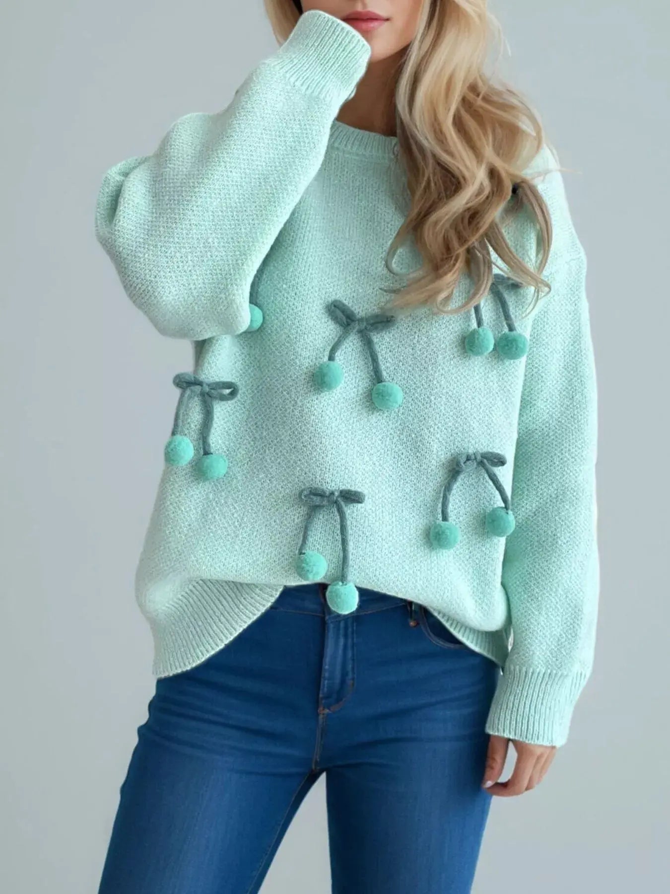 Cherry Pom-Pom Knit Round Neck Sweater Simply Love