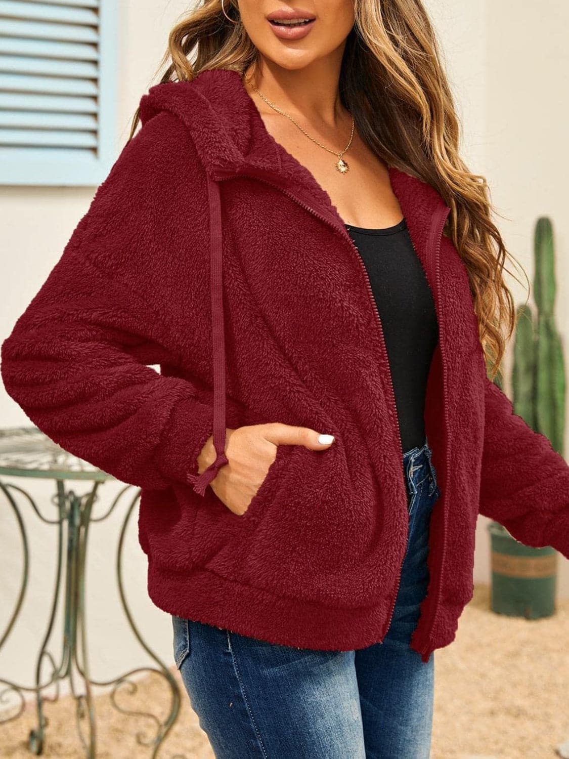 Drawstring Zip Up Hooded Plush Jacket.