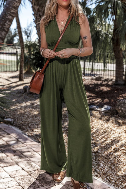 V-Neck Sleeveless Wide Leg Jumpsuit.