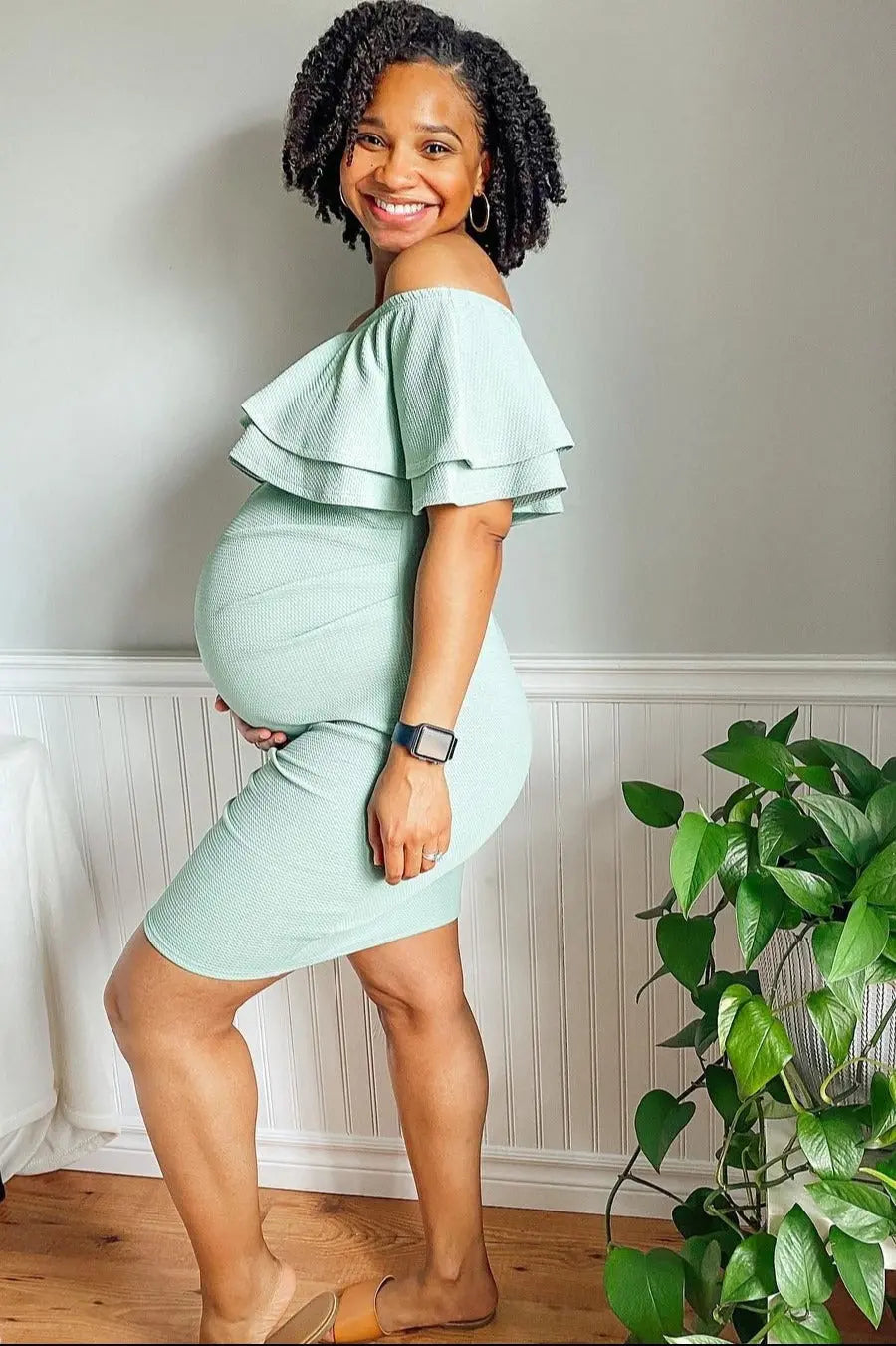 Sage Off Shoulder Fitted Maternity Dress With Ruffle Overlay PinkBlush