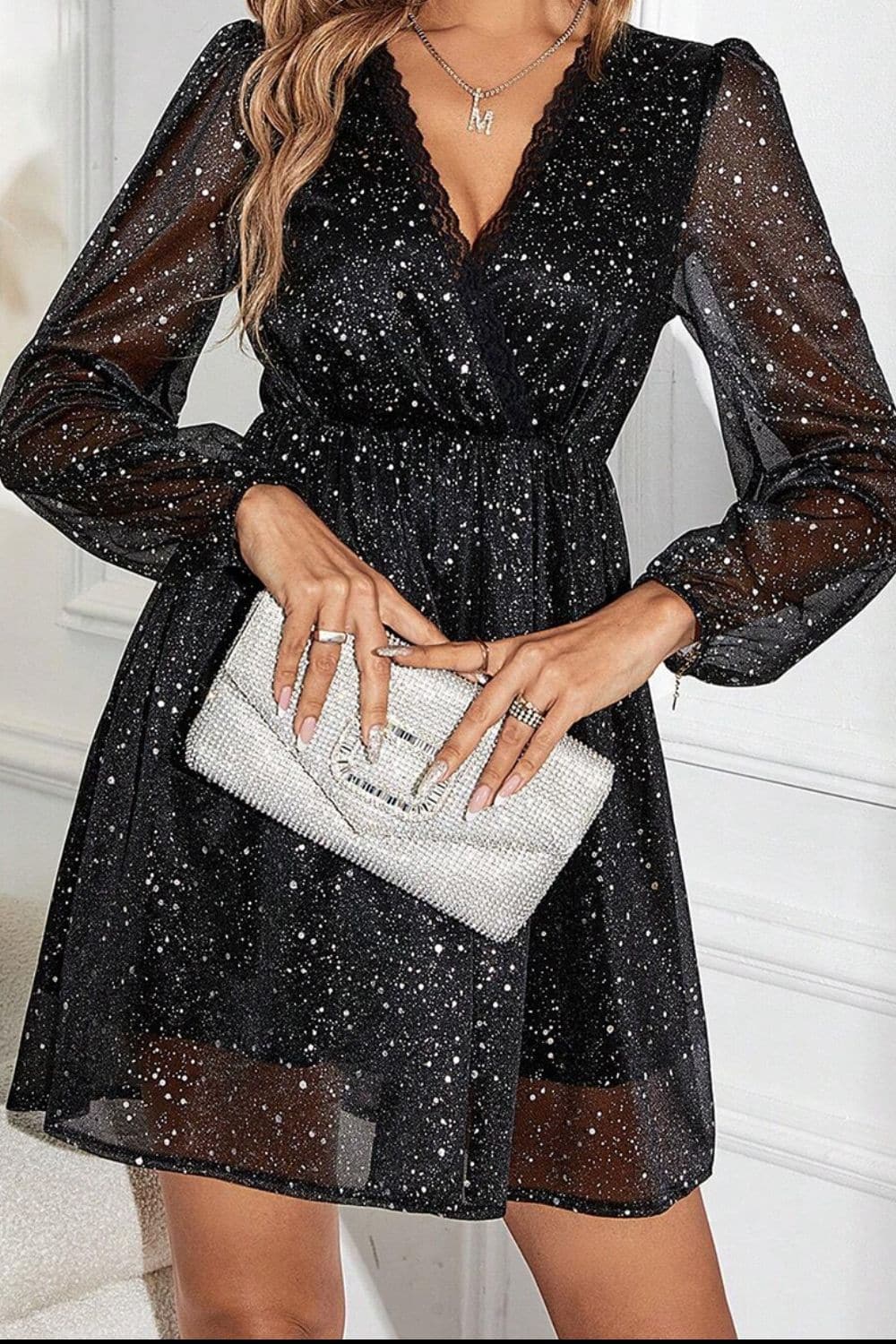 Glitter Surplice Long Sleeve Mini Dress.