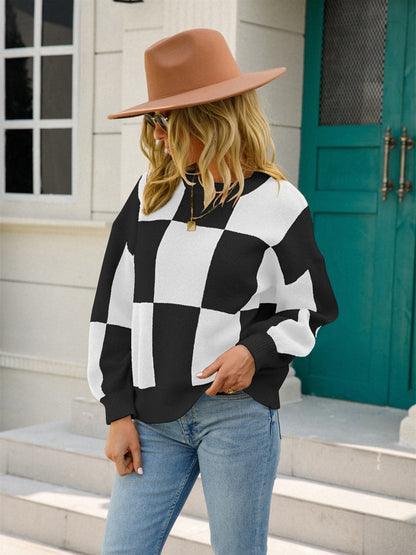 Checkered Round Neck Dropped Shoulder Sweater.