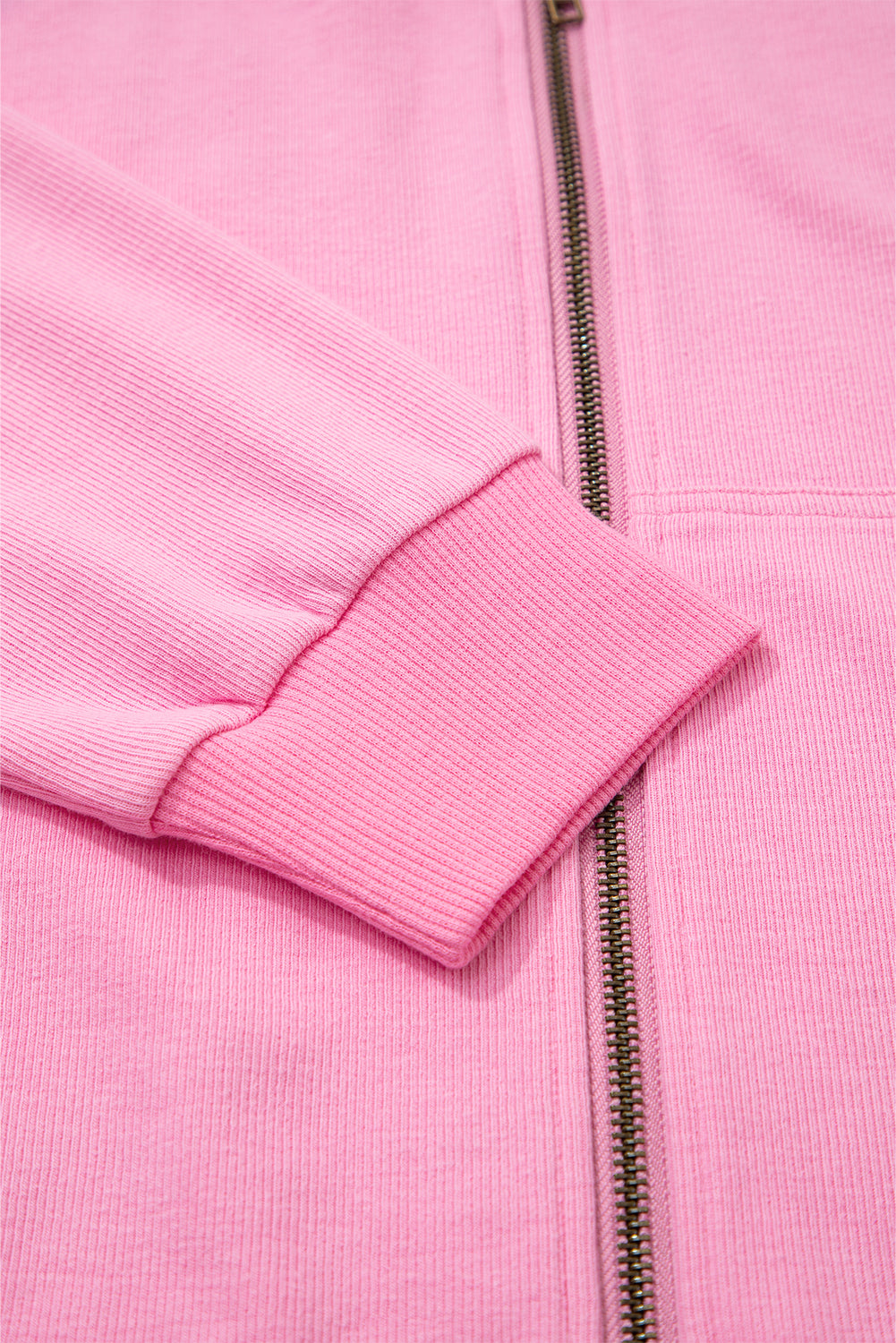 Sachet Pink Solid Color Ribbed Zip Up Hooded Jacket With Drawstring Dear-Lover Dropshipping