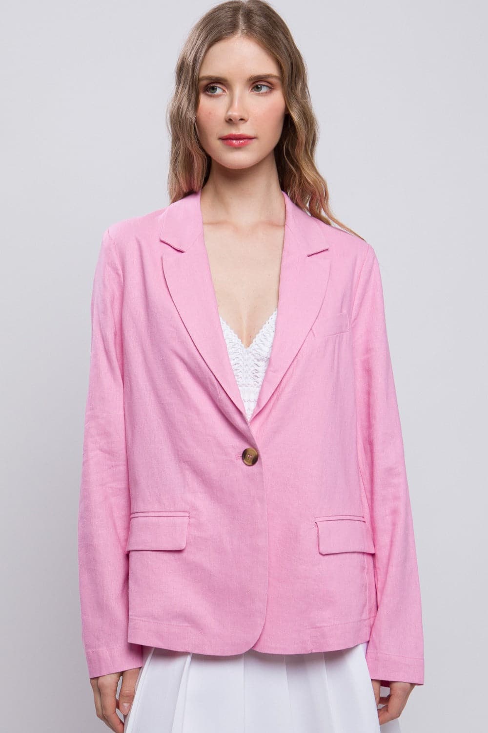 Love Tree One-Button Long Sleeve Linen Blazer.