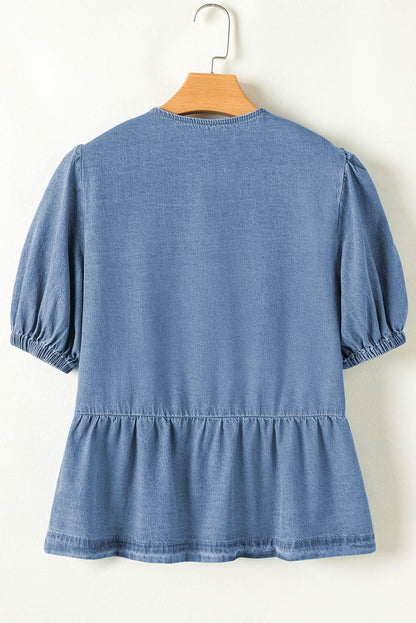 Dusk Blue Tie-Front Peplum Denim Shirt with Bubble Sleeves