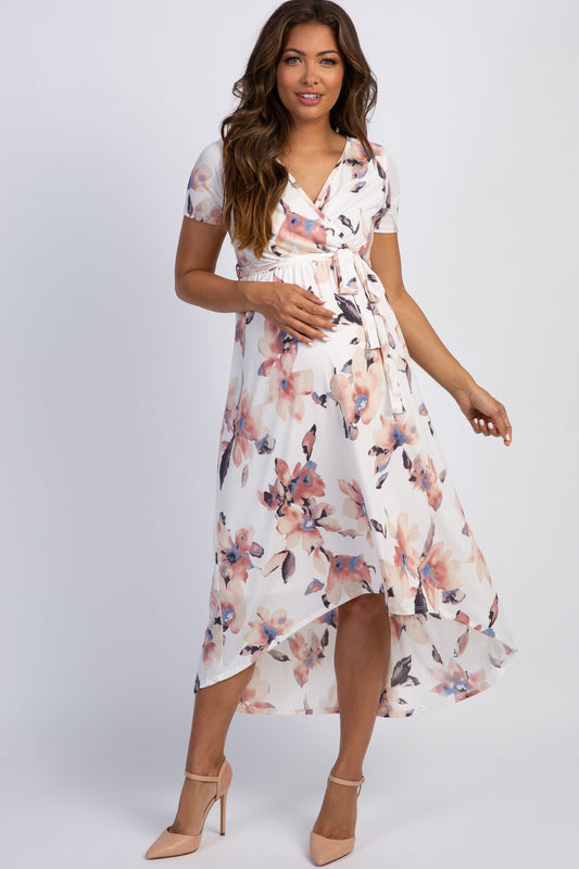 PinkBlush Ivory Watercolor Floral Maternity Wrap Dress With Hi Low Hem PinkBlush