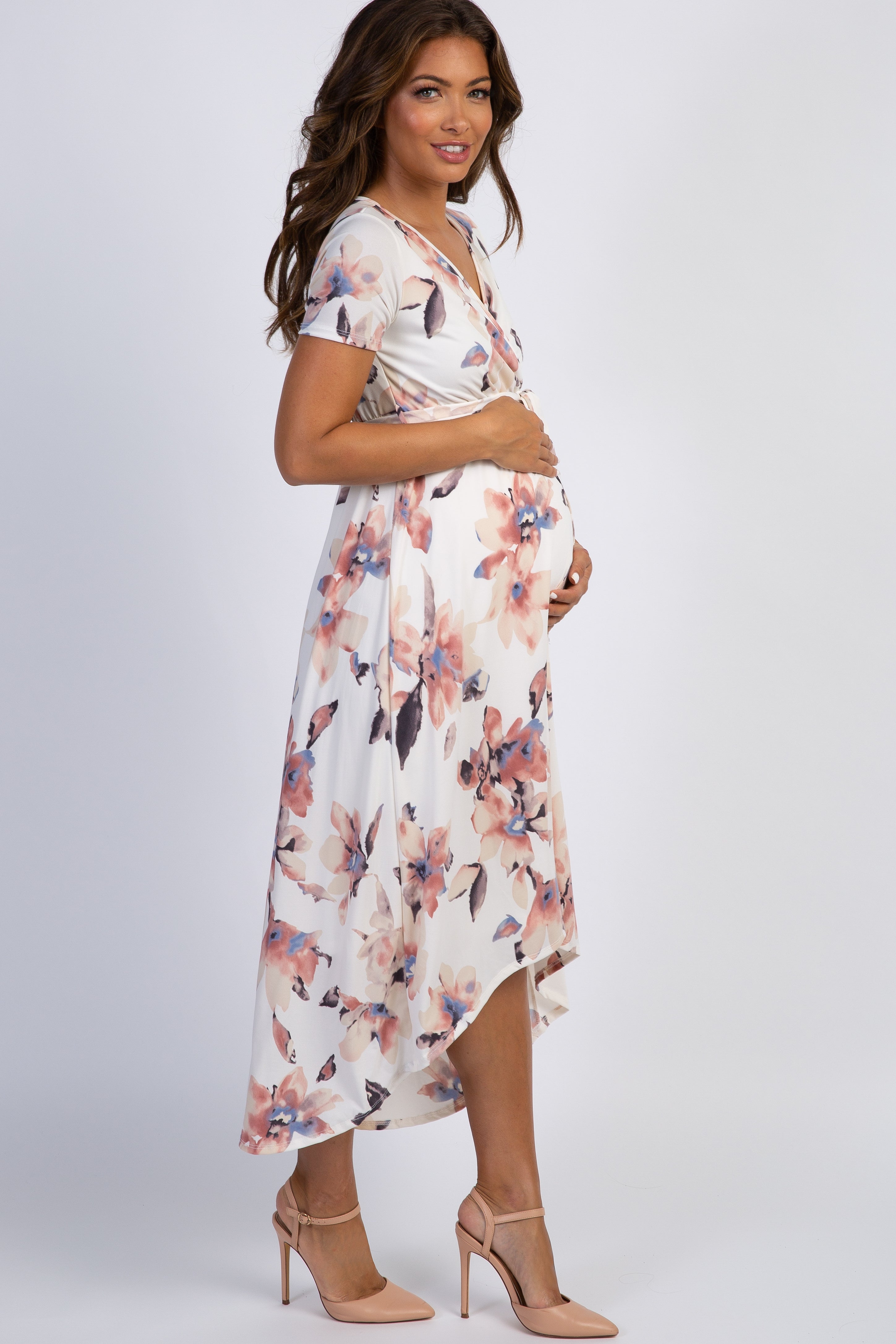 PinkBlush Ivory Watercolor Floral Maternity Wrap Dress With Hi Low Hem PinkBlush