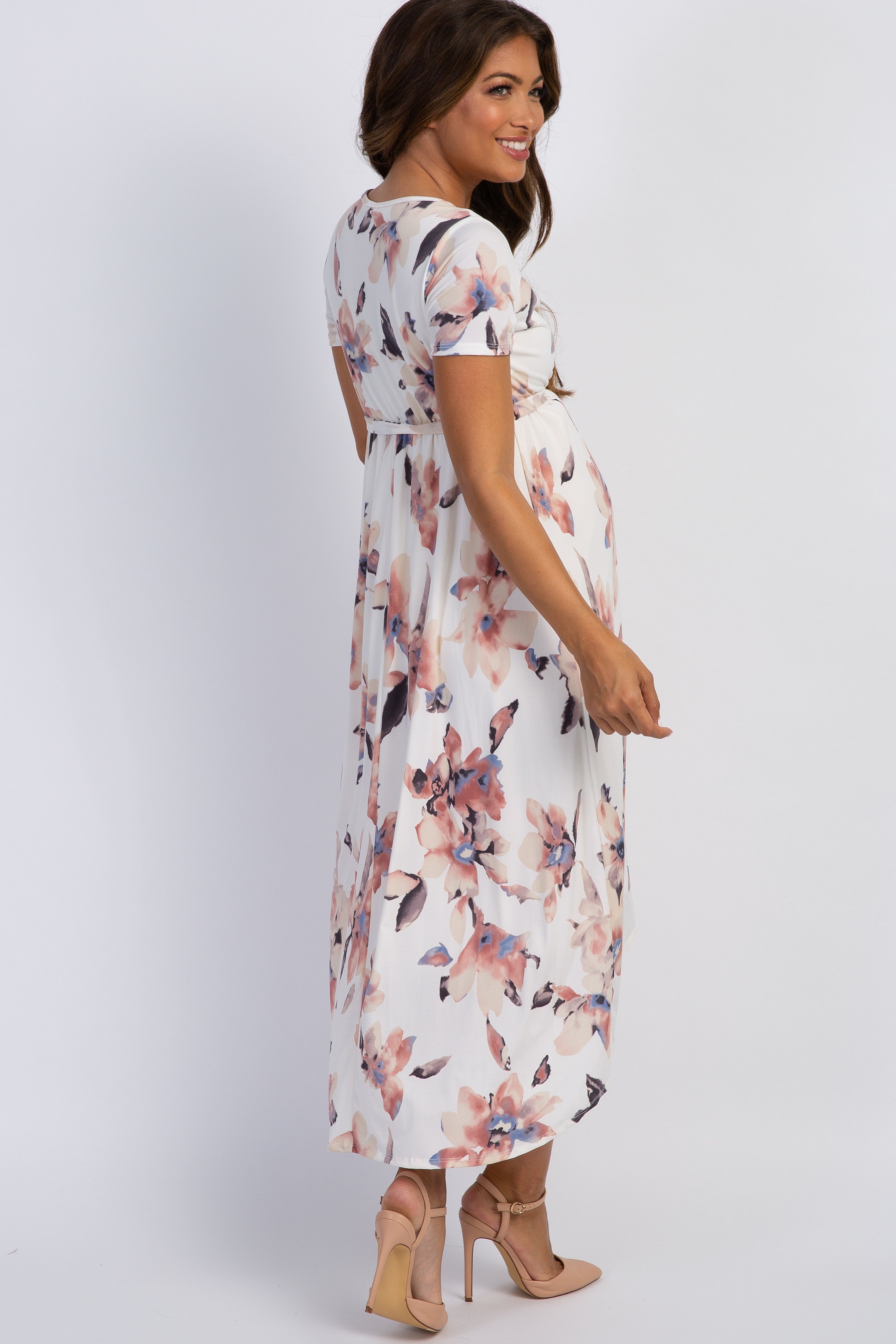 PinkBlush Ivory Watercolor Floral Maternity Wrap Dress With Hi Low Hem PinkBlush