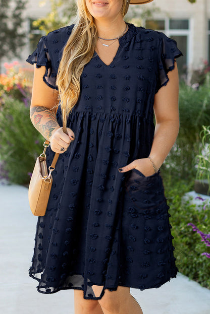 Navy Blue Dotty Textured Notched Neck Plus Ruffled Dress