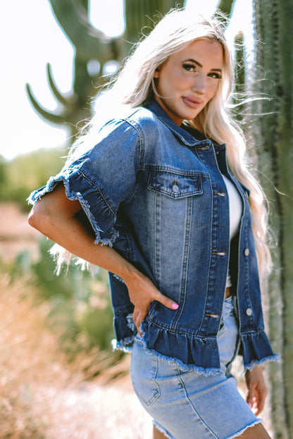 Peacock blue ruffled denim jacket