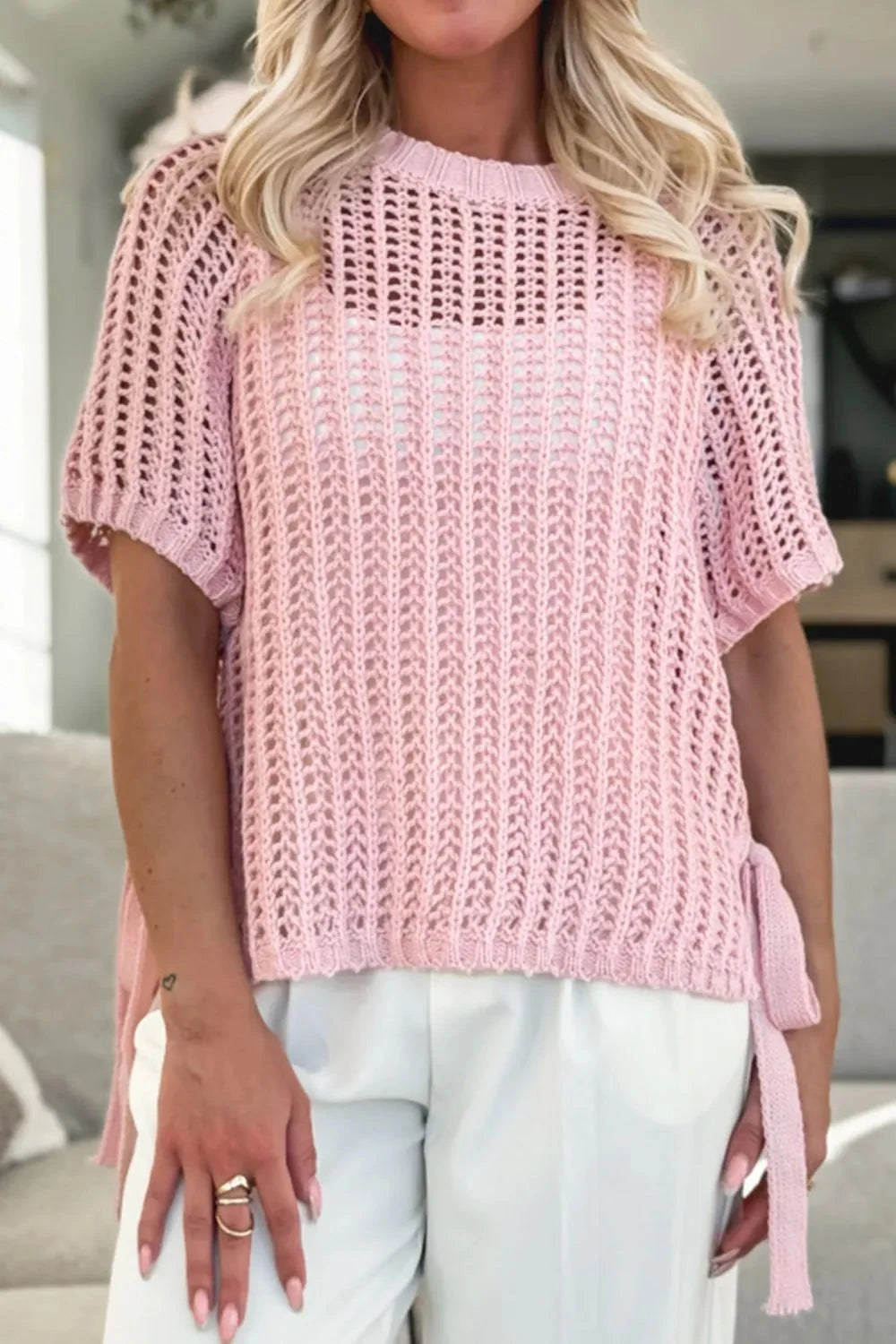 Hollow-out Crochet Side Tied Short Sleeve Knit Cover Up Simply Love