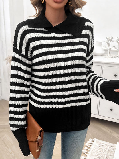 Striped Collared Neck Long Sleeve Sweater.