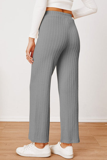 Textured Elastic Waist Straight Pants.