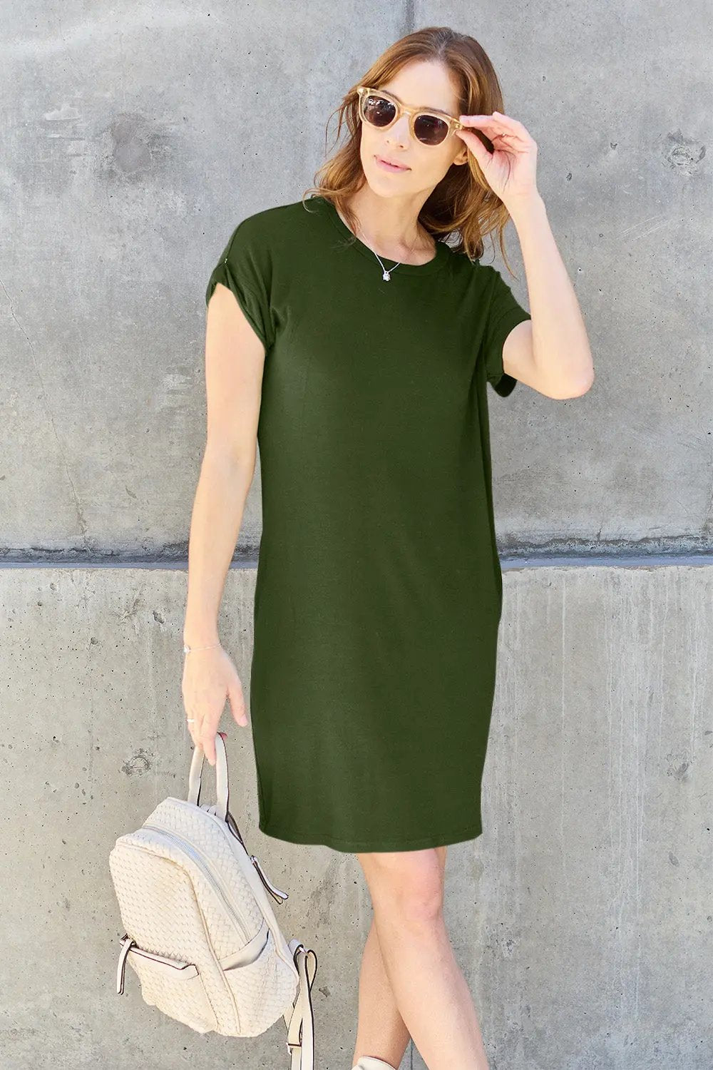 Basic Bae Full Size Round Neck Short Sleeve Dress with Pockets - Love Salve